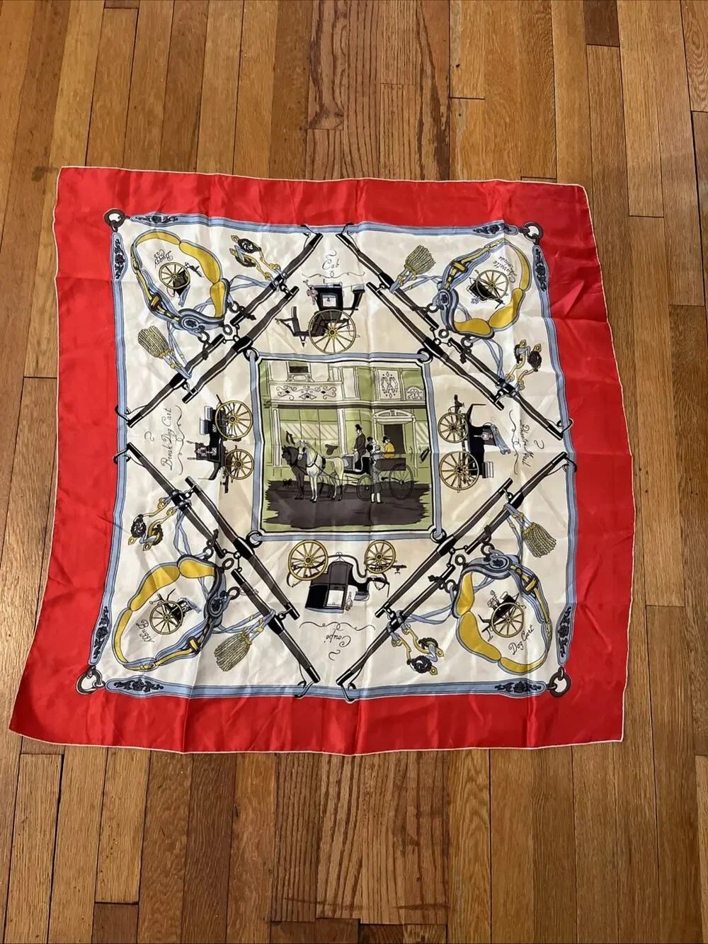 Vintage Glentex Silk Scarf 30x30 Old Fashion Buggy Print Hand Rolled Italy